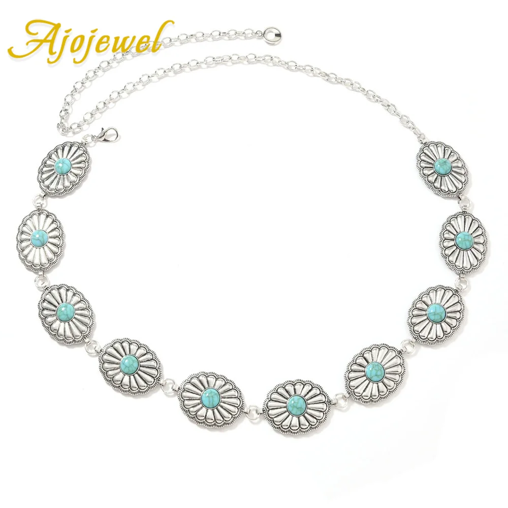 

Ajojewel Vintage Carved Flower Waist Chain For Woman With Blue Stone Metal Belt Accessories Chain