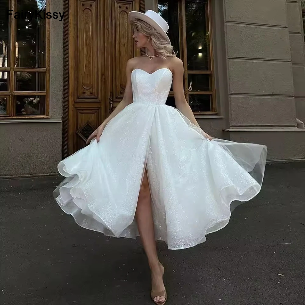 

FairyKissy Glitter Ivory Wedding Dresses With Pockets Tea-Length Tulle Bride Dress Strapless Slit Sexy Dress For Women