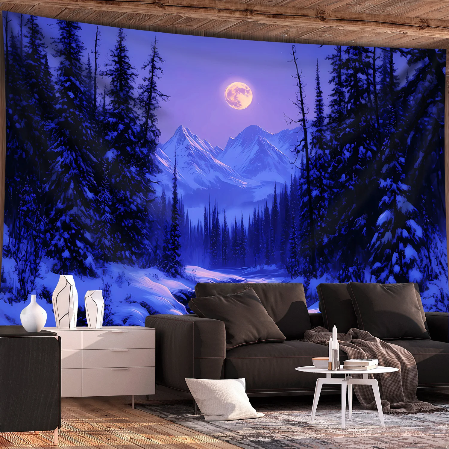 VIKAMA Snowy Night Mountain Forest Wandteppich mit Schneedecappe in Lila-Blau, Wohnzimmer-Funktion, Wandbehang, Raumdekoration