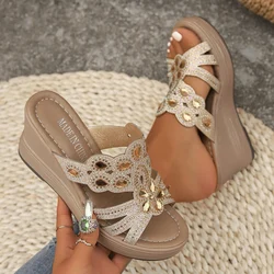 Women Wedges Sandals Round Toe Heels Shoes Ladies Open Toe Comfort Summer Rhinestone Slippers Party Platform Sandals Plus Size