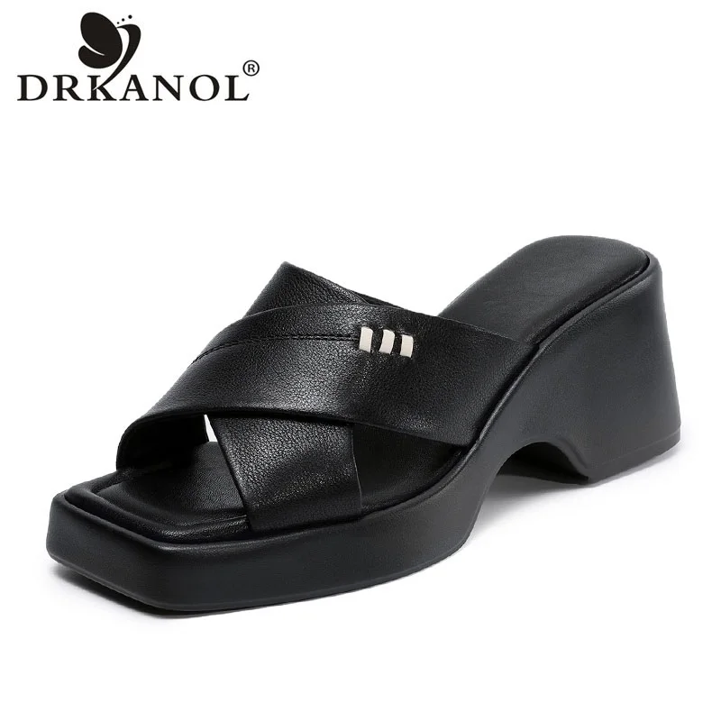 

DRKANOL Elegant Height Increasing Wedges Slippers Women Summer Genuine Leather Peep Toe High Heel Platform Casual Sandals Slides