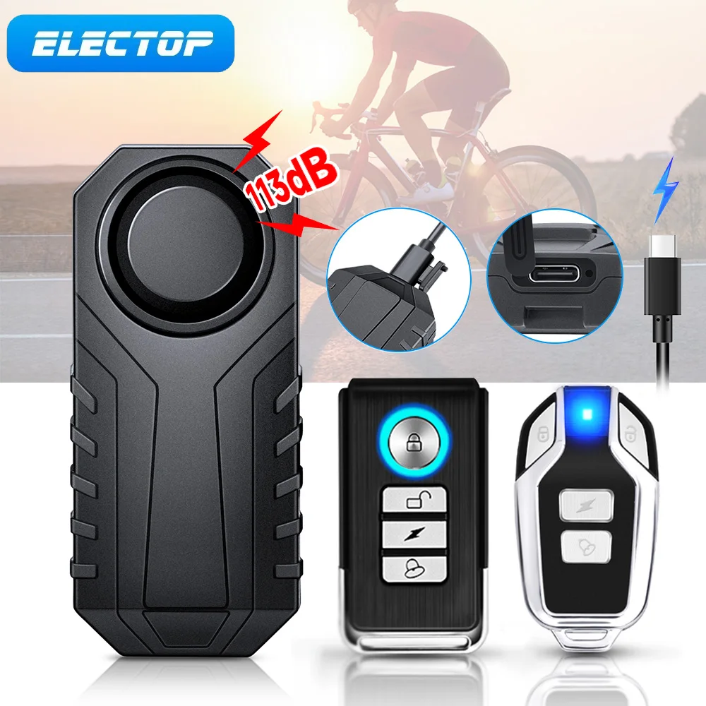 ELECTOP-Alarme de vibration de vélo, chargement USB, antivol, étanche, contrôle d'alarme de moto électrique, capteur de sécurité, 113dB