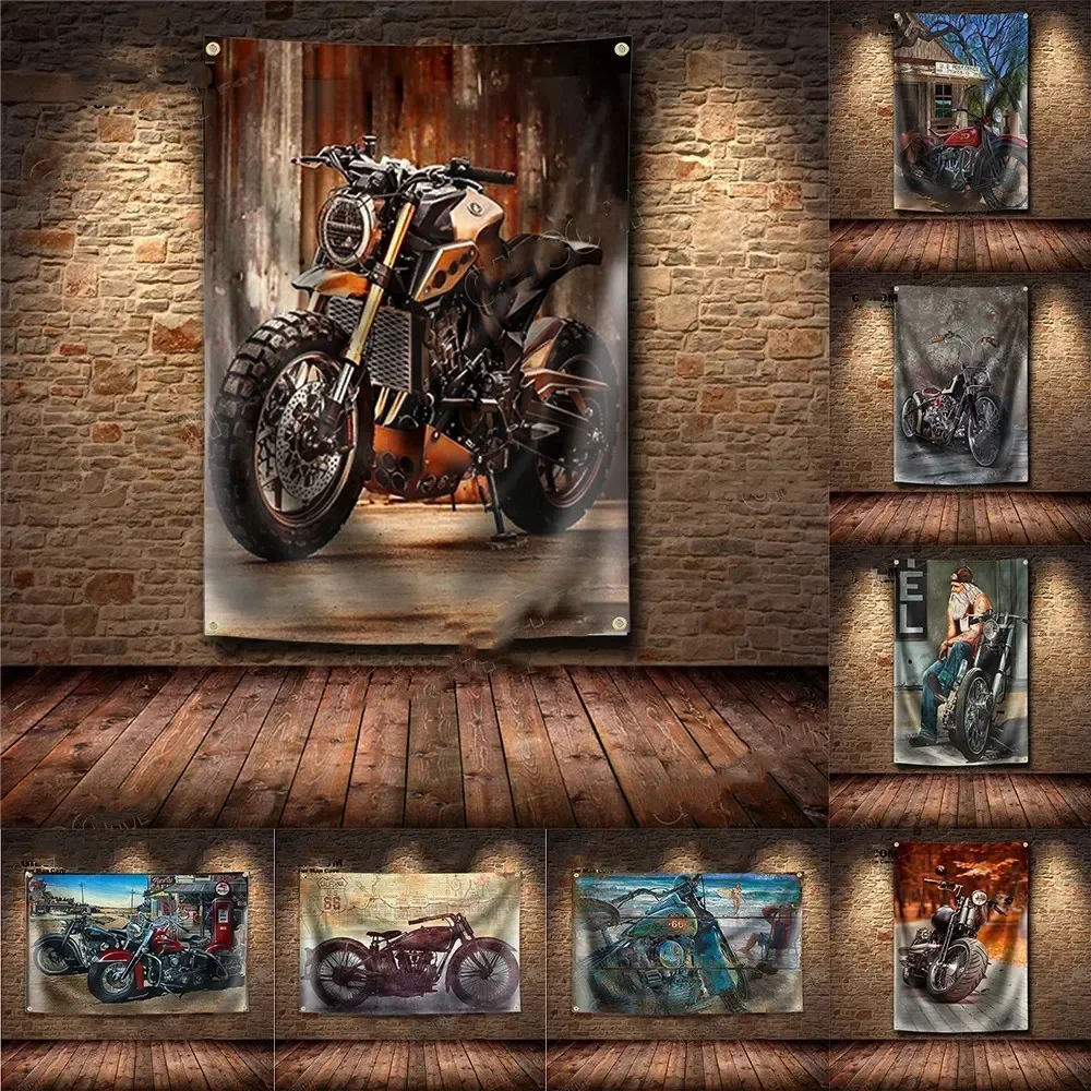 Retro Motorcycle Banner Flag Automobile Motor Vehicle Poster Wall Decor Signboard Car Painting Garage Man Cave Decor Sticker