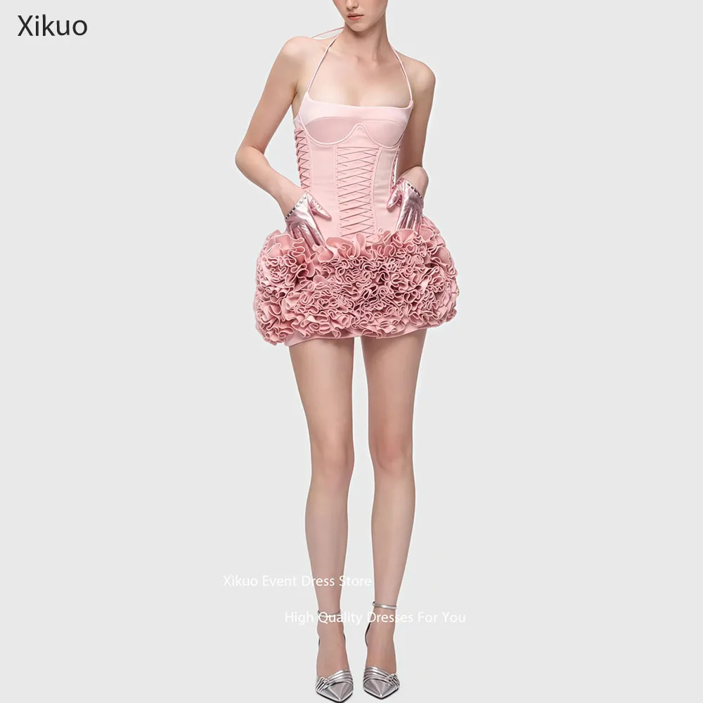

Xikuo Halter Neck Ruffled Hem Prom Gowns Romantic Evening Dresses Mini Bodycon Bodice Pleated Birthday Party Dresses Customized
