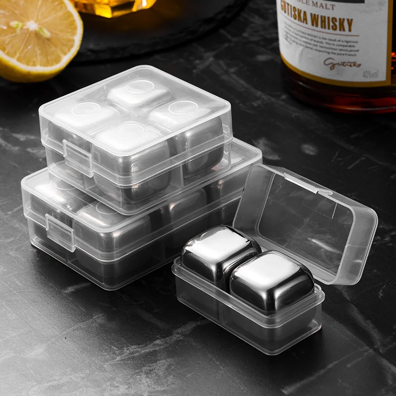 1/2/4/6/8 Pcs Food Grade Stainless Steel 3D Ice Cubes Bar Wine Coolers Metal Ice Stone for Beer, Whiskey Diy Chilling Drinks