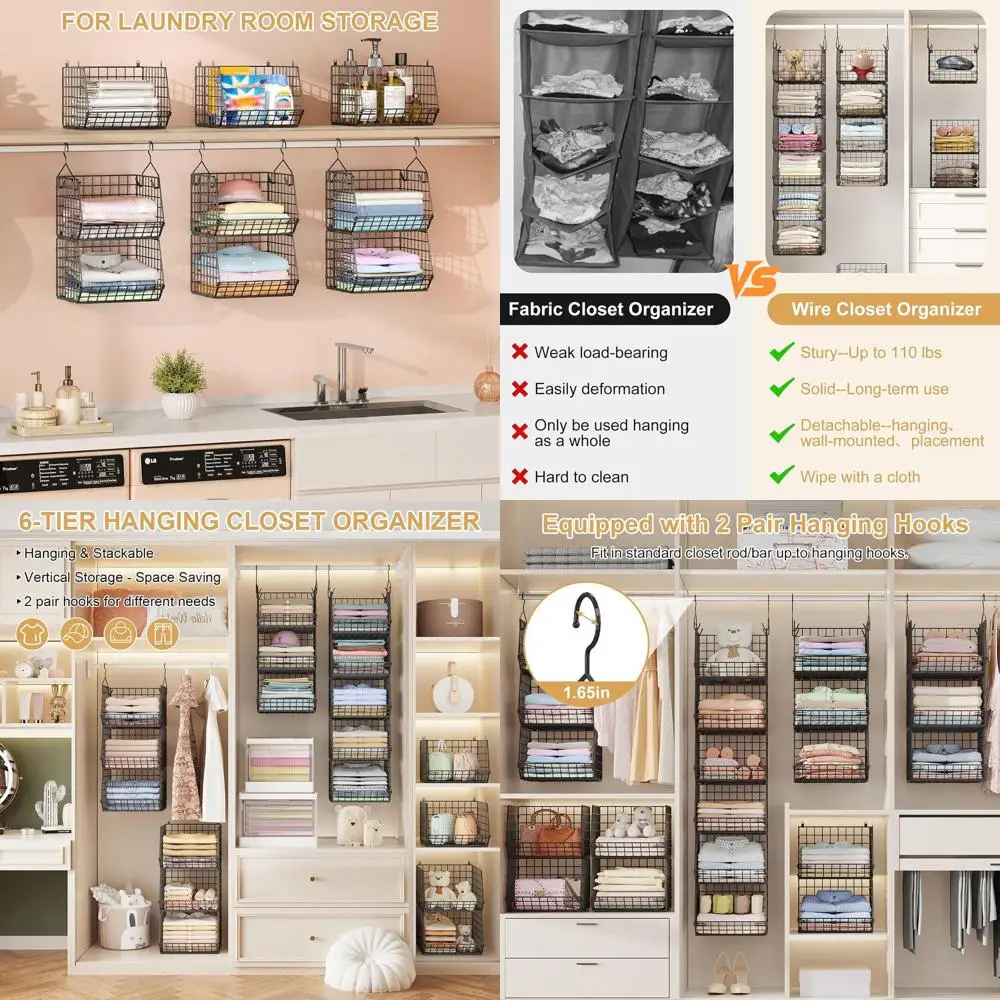 

6-Tier Hanging Closet Organizer with 4 Hooks, 5 S Hooks, and Wire Baskets for Clothing, Shoes, Accessories - Black