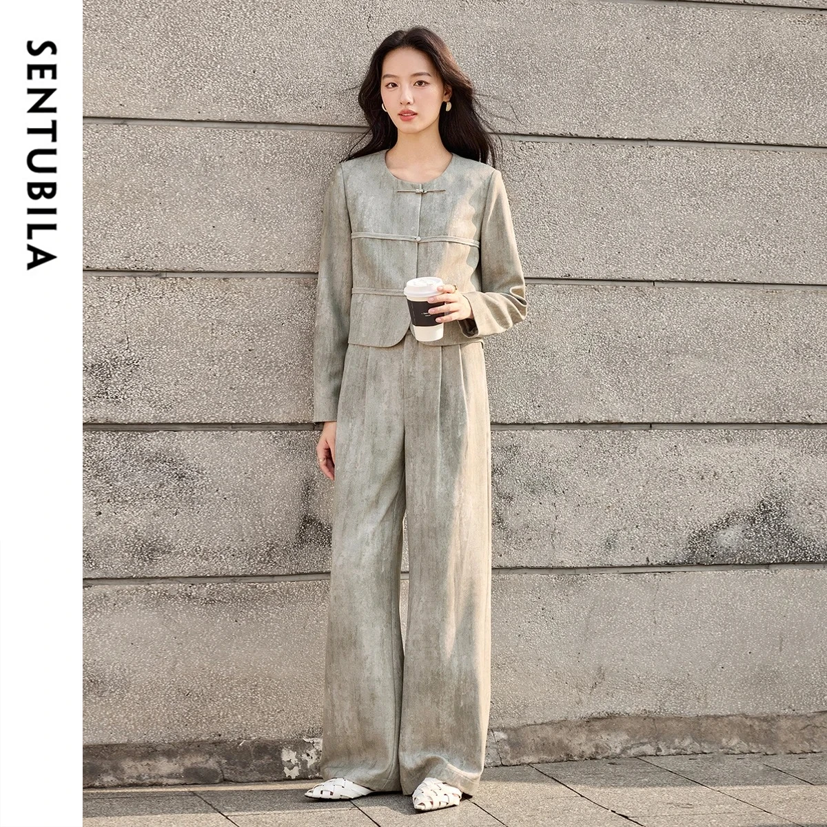 

SENTUBILA Women's Two-Piece Set 2025 Autumn O-Neck Chinese Style Disc Buckle Coat & Loose Straight Casual Trousers Q53ZA3434