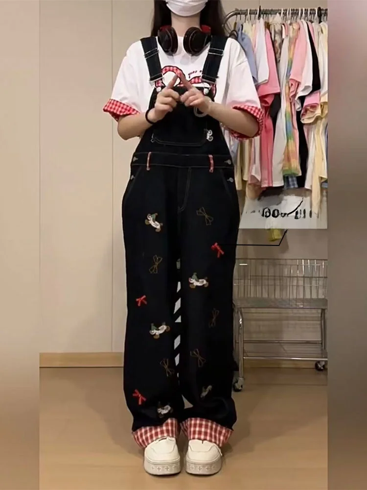 

High Waist Denim Overalls Women's Autumn Winter Straight Leg Embroidery Sausage Dog Cuffed Jeans Commute Sle Bla