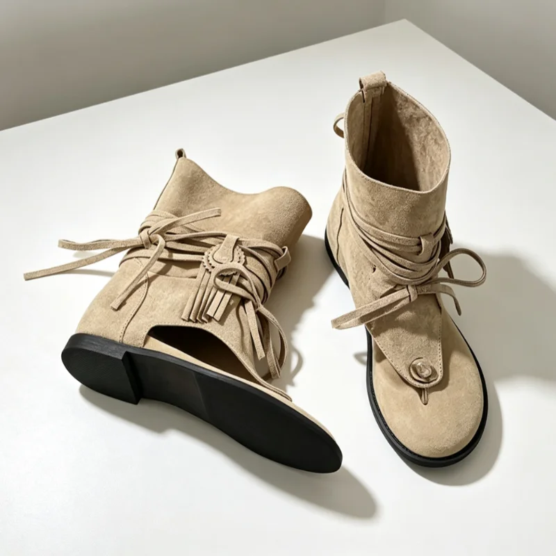 New Popular Women'S Gladiator Tassel Ankle Sandals Boots Open Toe Lace Flat Shoes Personalized Casual Summer T-Sandals