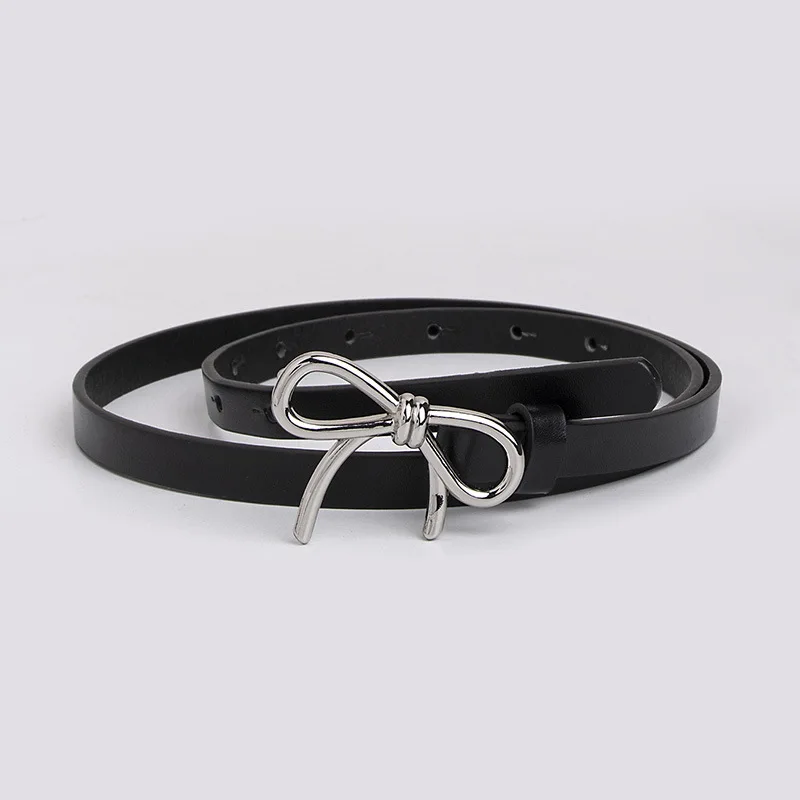 

1.2x103cm Women Fashionable Gold Silver Bowknot Buckle Belt PU Leather Thin Belt Casual Versatile Trend Jeans Ladies Waistband