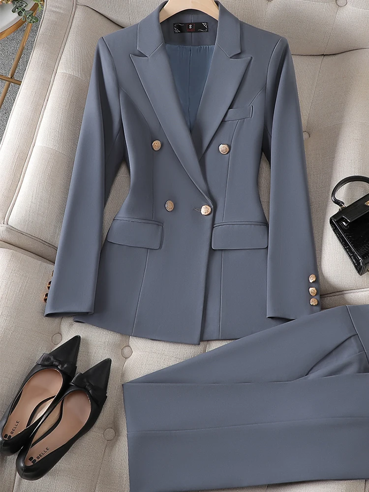 Gray Black Blue White Fashion Women Pant Suit Long Sleeve Solid Ladies Blazer and Trouser Formal 2 Piece Set For Autumn Winter