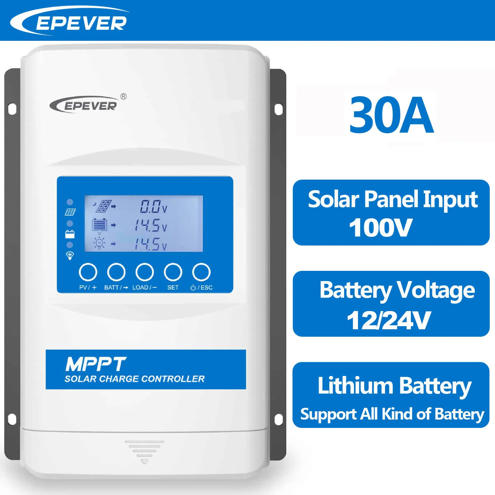 EPEVER 30A MPPT Solar Charge Controller Battery Voltage 12V 24V Identify Max PV Input 100V