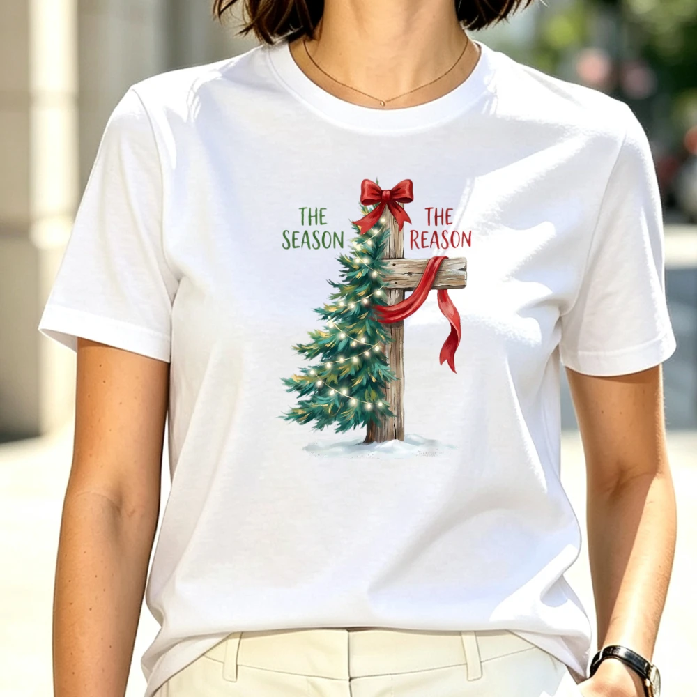 Christmas Tree The Season Cross The Reason Xmas Tshirt Graphic Print Round Neck Short Sleeve Tee Casual Streetwear Women Clothes