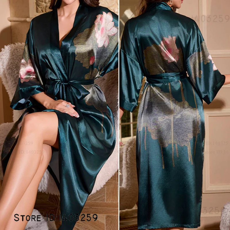 Chinese Style Long Robe Negligee Print Flower Half Sleeve Kimono Bathrobe Gown Spring Summer Female Sleepwear Loose Home Dress