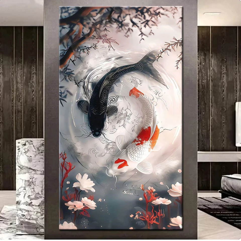 

2025 Diamond Painting Kit Black and White Koi Fish Full Diamond Mosaic 5D Diy Embroidery Cross Stitch Rhinestone Art Home Decor