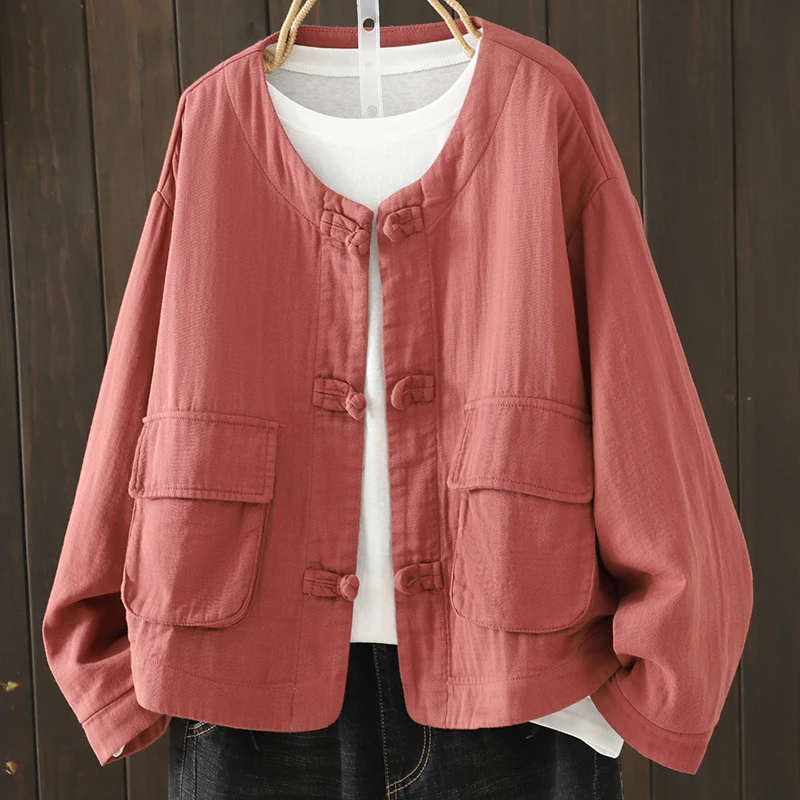 Retro Style Women's Loose Double Layered Cotton Coat with Large Pockets And Button Detailing Versatile Fashionable Top for Au...