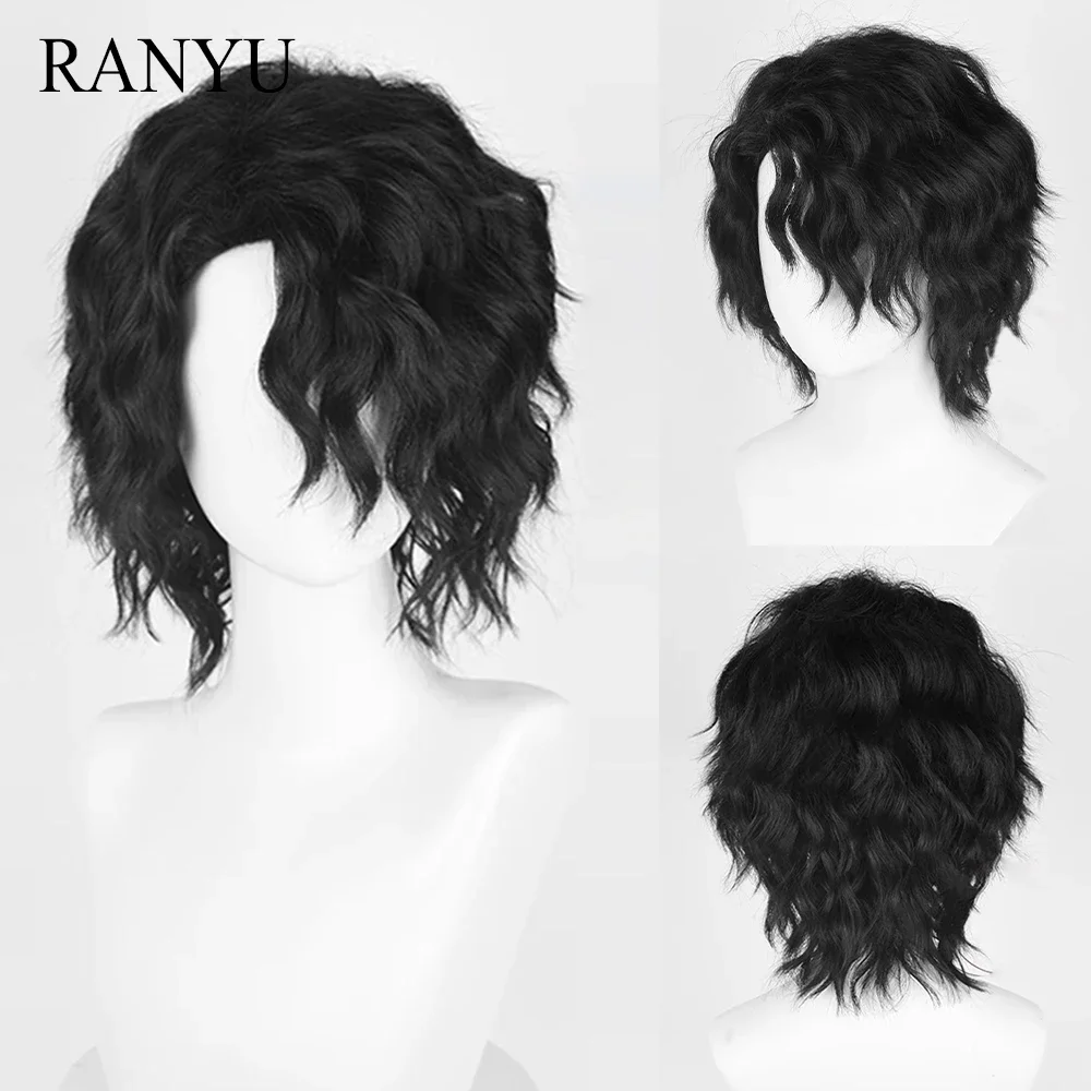 RANYU-peruca sintética curta para homens, cabelo preto encaracolado, resistente ao calor, anime cosplay, festa