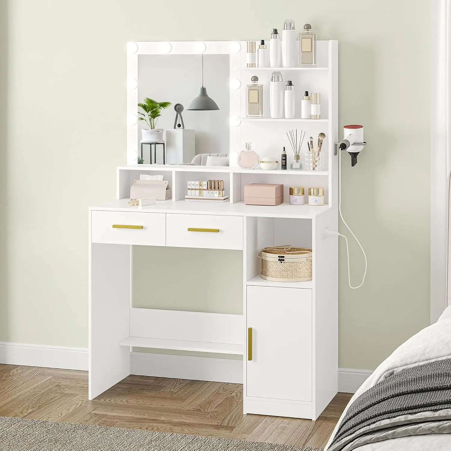 

Makeup Vanity Desk with Mirror and Lights, Power Outlet, Vanity Desk with Drawer & Shelves & Cabinet, 3 Color Modes, White