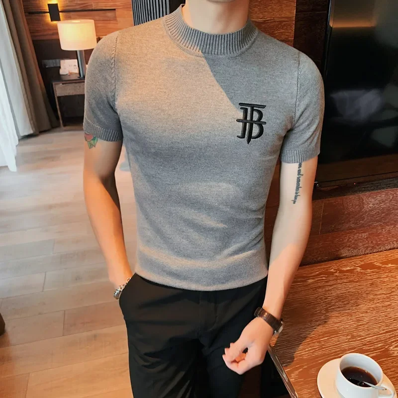 Luxury Men Summer Knitted T-shirt  High Quality Slim Fit O-neck Tops Jacquard Tees Brand Clothing Social Club Pullovers T-Shirt