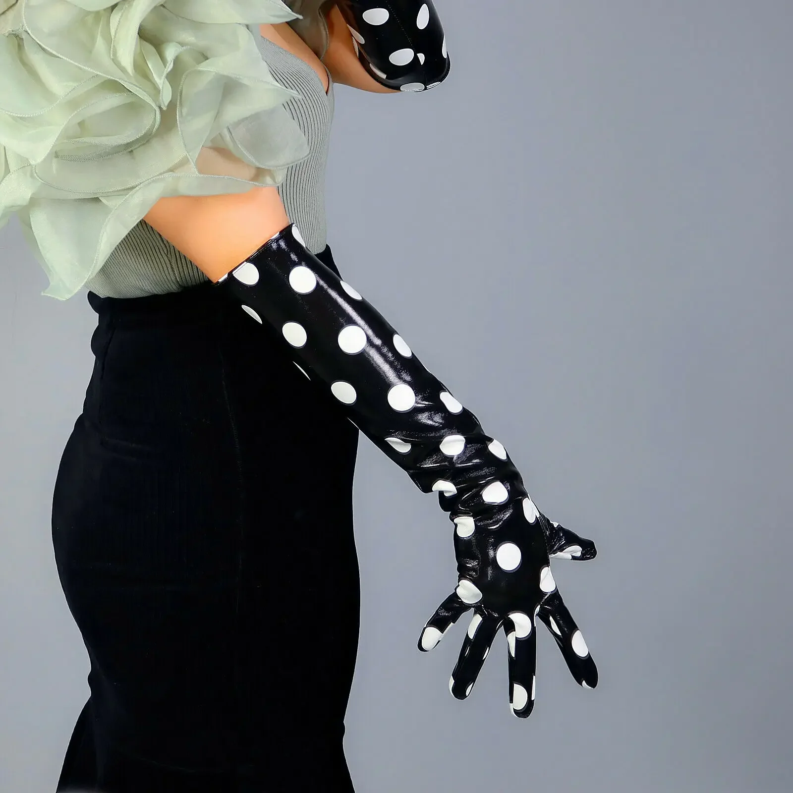 Black LATEX GLOVES Polka Dot Shine Wet Look Faux Patent Leather 50cm Elbow Long Fashion Evening Party Dancing Wedding Halloween