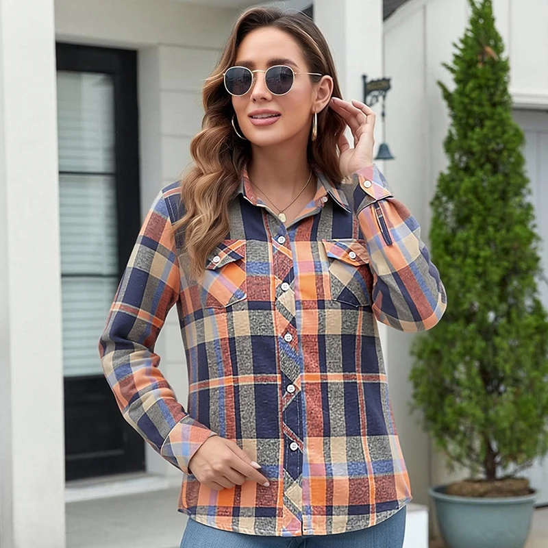 Women's Plaid Flannel Shirt Casual Long Sleeve Button Down Blouse Loose Fit Plaid Top For Spring Fall Daily Wear view 4