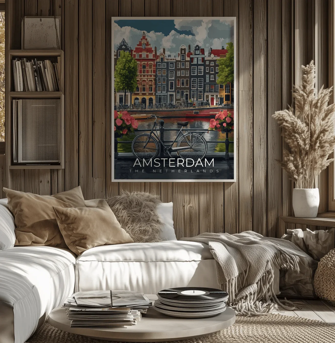 1pc frameless Canvas Painting Dutch Amsterdam City Canal Canvas Wall Art Prints Decor, Vintage Bicycle Flower Building Poster fo