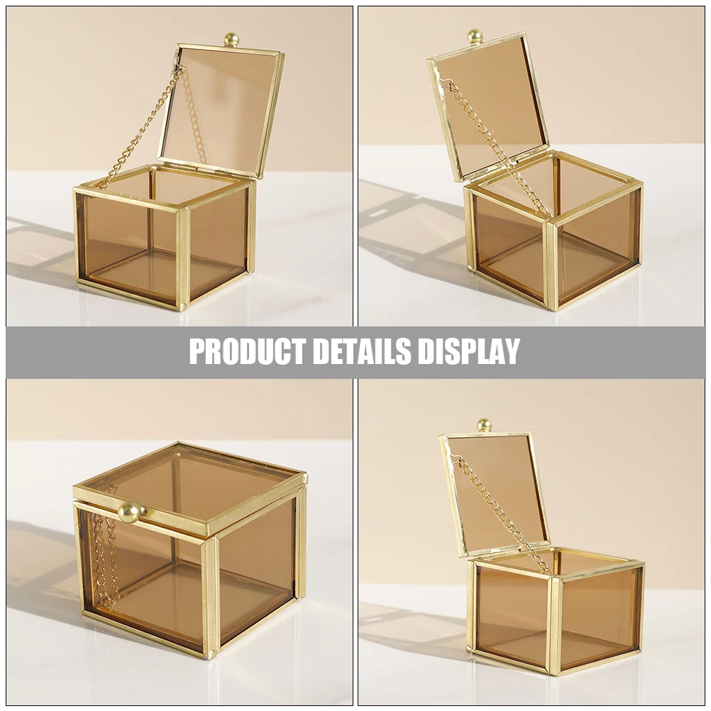 صندوق مجوهرات زجاجي مربع تصميم نحاسي عتيق للأقراط والخواتم والقلائد وتخزين منظم تذكار مكتب منزلي #5