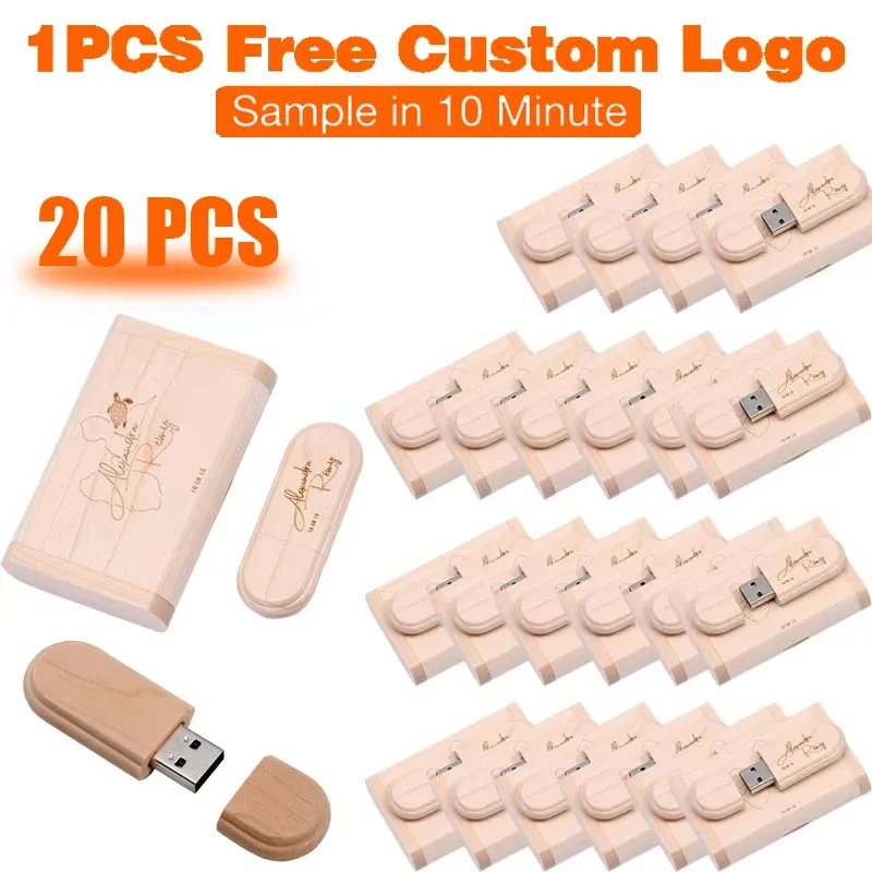 20 PCS LOT USB 2.0 Flash Drive 128GB 64GB Free Custom Logo Pen Drive Creative Gift 32GB 16GB Wooden Box Memory Stick 8GB U Disk