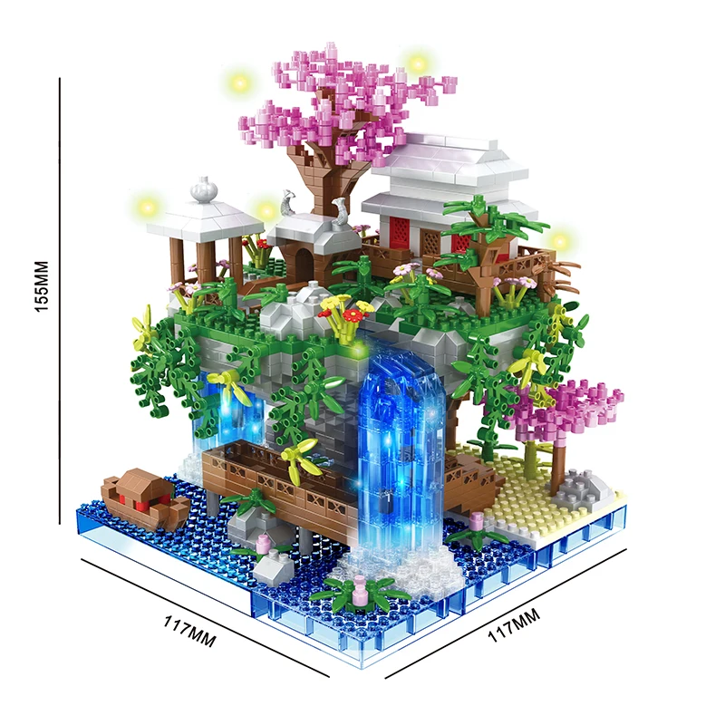 City Architecture Building Blocks Mini Tree House Peach Blossom Pond With Light Set Children Toy Holiday Christmas Gift