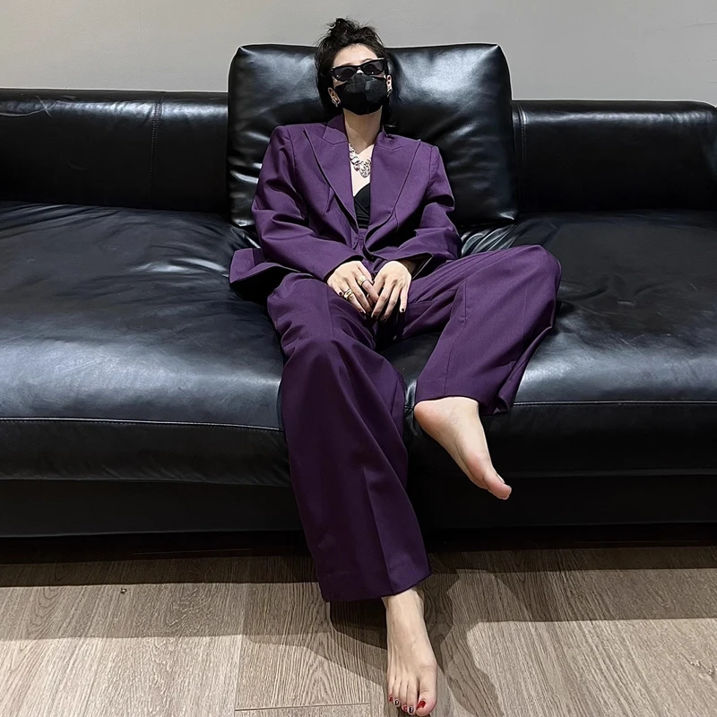 Autumn Winter Purple Blazers Two Piece Set New Women Notched Neck Single Breasted Loose Office OL Suit Coat +Wide-Leg Pants Suit