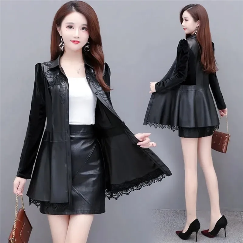 High-End Women\'s Leather Coat 2024 Spring Autumn New Korean Slim PU Leather Shirt Jacket Female Windbreaker Outerwear 6XL