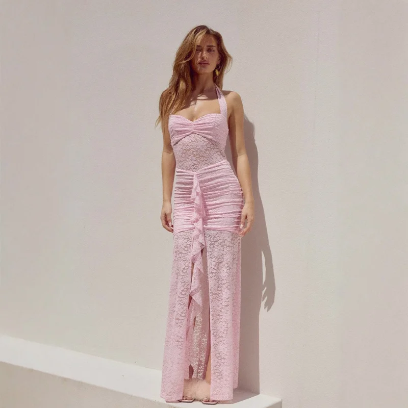 

2025New Summer European and American off--Shoulder Tube Top Women's Fashion Cutout Lace Long Dress New Halter