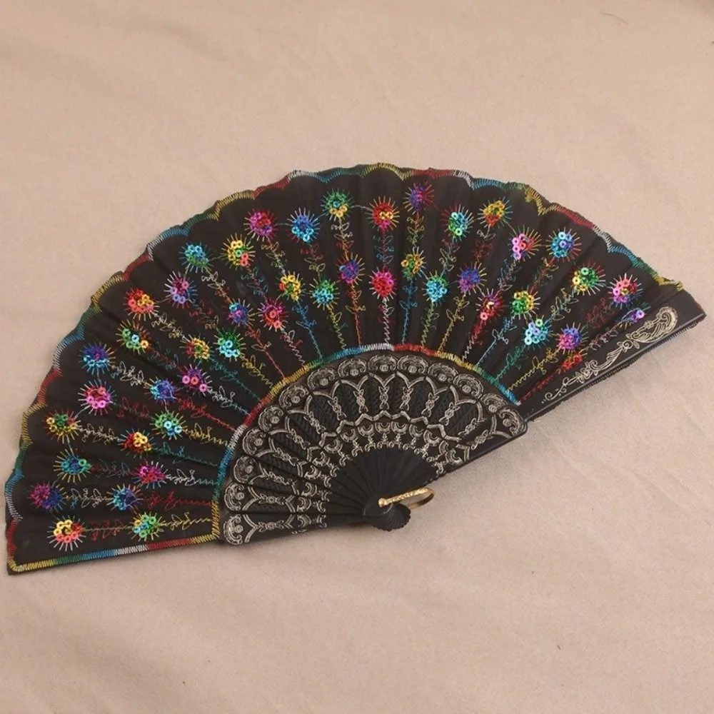 Sequin Embroidery Chinese Folding Fan Peacock Pattern Plastic Handheld Fan Folding Handheld Style Sequin Fan Event Decor