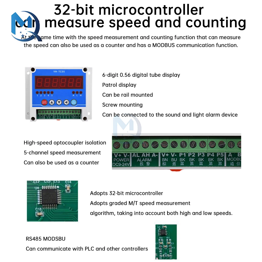 DC12-24V 5-Channel Tachometer Non-Contact Motor RPM Tachometer Hall Sense Stop Meter with modbus Function