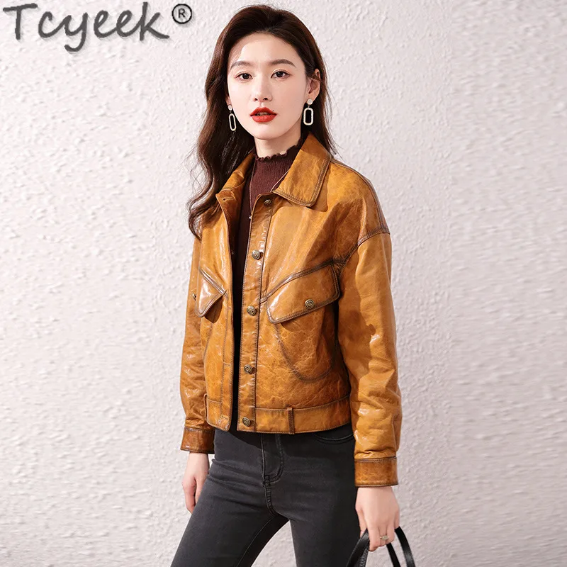 Tcyeek Veste en cuir véritable pour femme, vêtements d'automne, huile d'avertissement, manteau en peau de mouton, vestes en cuir pour femme, style court