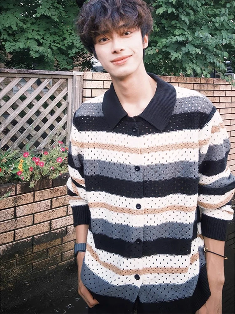 

Cleanfit Soft Stripe Men's Knitted Sweater Hollow out Color Blo Open Cardigan Autumn Leisure Faion Student Couple Youth