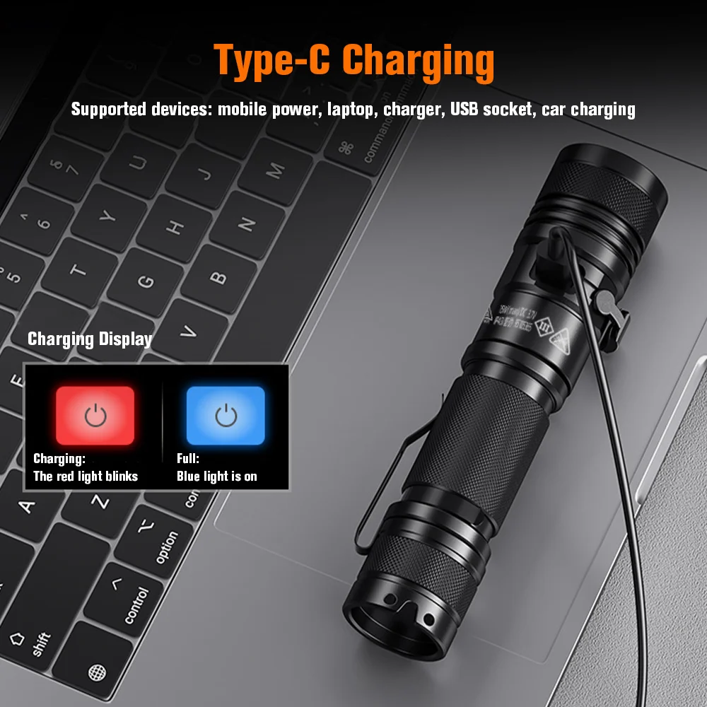 SUPERFIRE A12 LED Flashlight Ultra Powerful Zoom EDC Torch USB-C Rechargeable Portable Emergency for Camping Fishing Lanternt