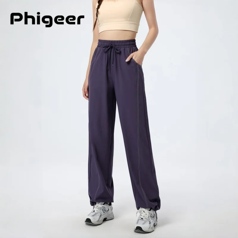 

PHIGEER Women's Sports Pants, Baggy Straight Track Pants, Striped Joggers with Pockets, Women Breathable Wide Legs Sweatpants