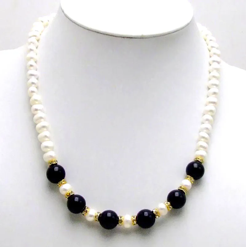 

Qingmos 6-7mm Round Natural White Pearl Necklace for Women Jewelry with 12mm Black Agate Pendant Necklace Chokers 17"