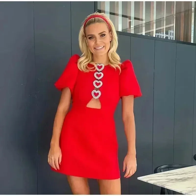 2025 corações cortar vermelho mini vestido mulher verão bowknot preto vestidos curtos para mulheres puff manga elegante vestidos de festa