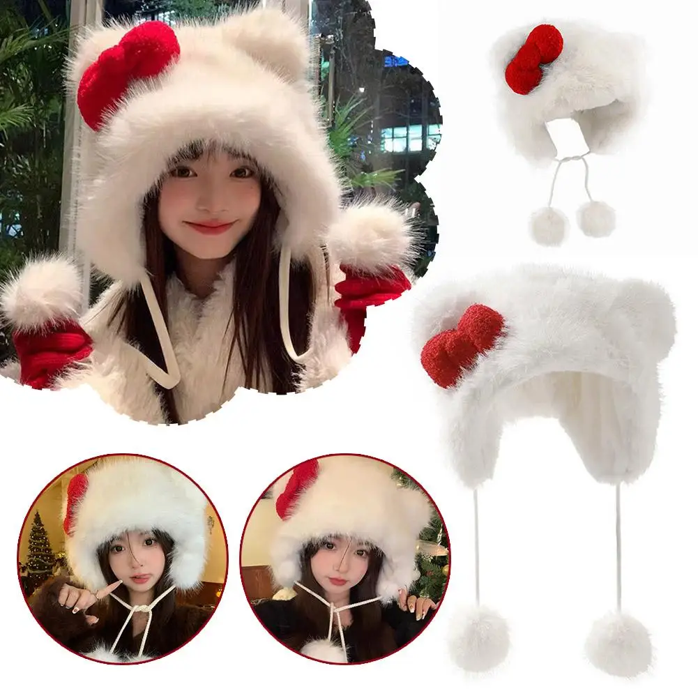 1Pc Winter Cute Cat Bow Hat Fashion Warm Cat's Ears Bread Cat-ear Hat Street Hat Outdoor Photography Plush Steamed Shaped S5R8