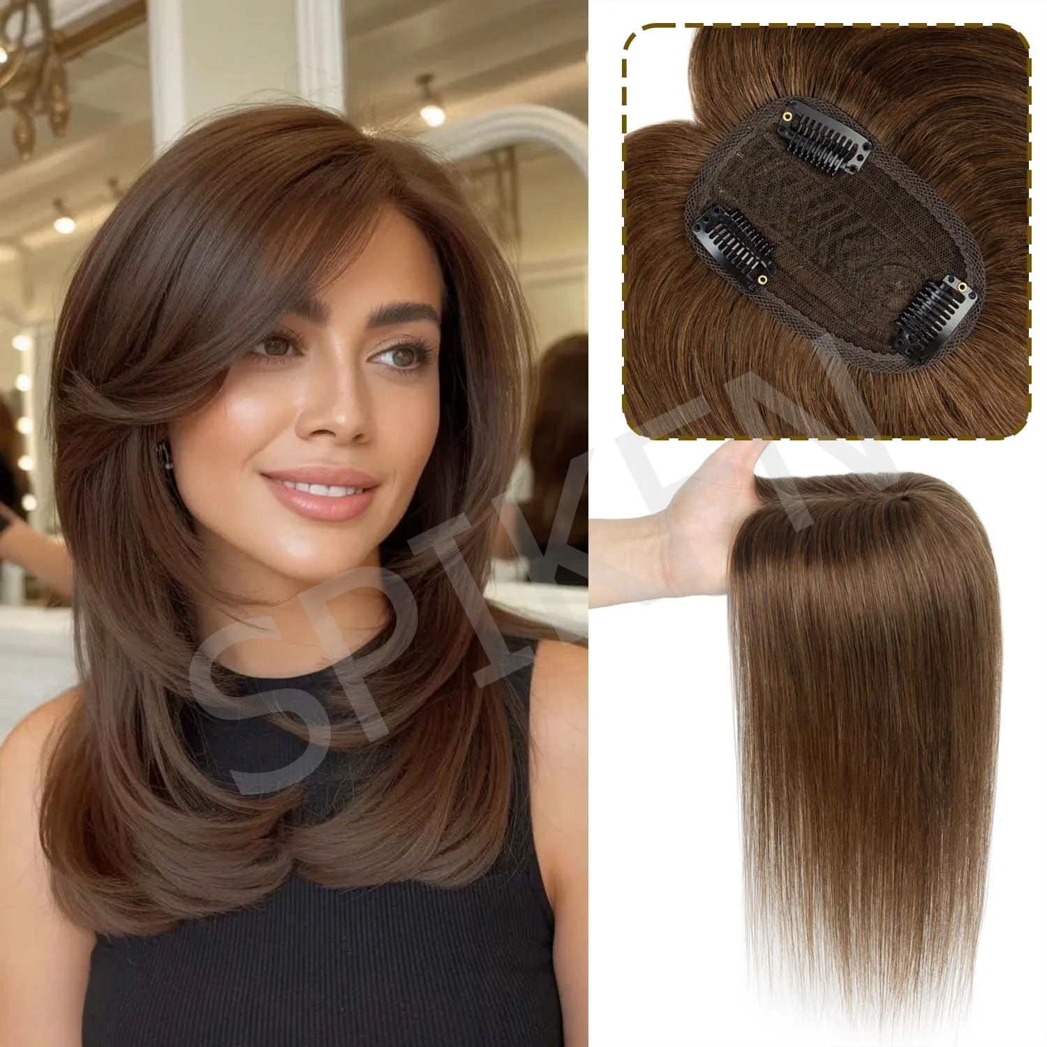 

360° 3D Hair Toppers for Women Real Human Hair Clip in Bangs HairToppers Wig With Bangs Loss Top HairPieces Wiglets wig Brown