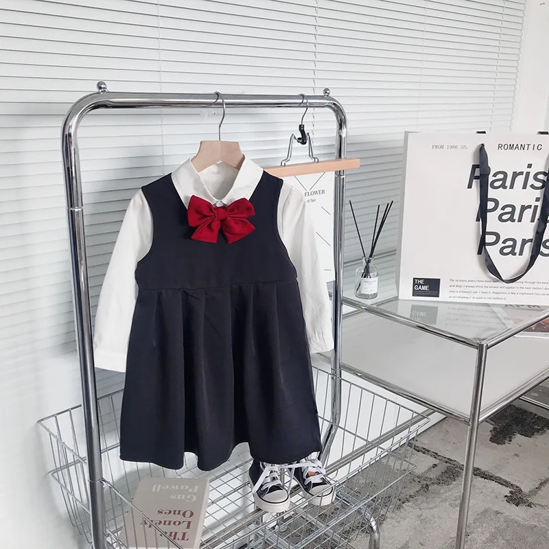 

GirlsjkSpring New Set for Baby Girls, College Style Long Sleeve Shirt and Vest Dress Two-Piece Set with Bow Tie