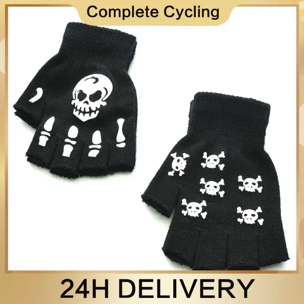 Punk Gloves Warm Halloween Glow In The Dark Skeleton Glove Finger-less Gloves Party Essential Skull Half-finger Gloves Anti-slip