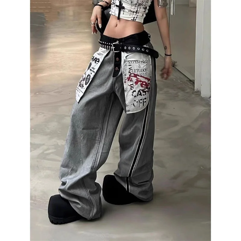 American Retro Design Sense Old-fashioned Large Pocket Printed Jeans for Women Casual Loose Wide-leg Trousers
