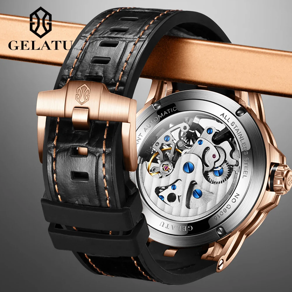 GELATU 6015 Fashion Hollow Skeleton Mechanical Watch For Men 45mm Big Dial Sapphire Mirror Wristwatch Waterproof Automatic Watch