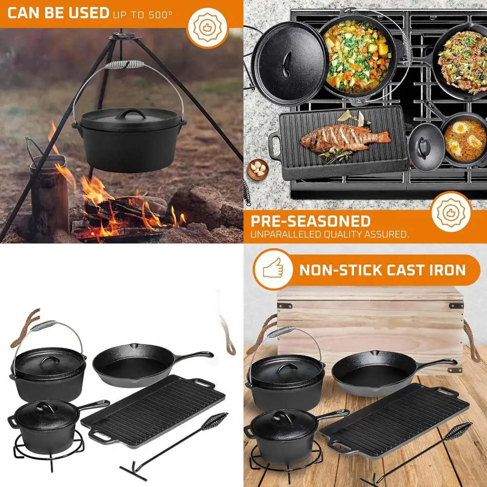 

Набор чугунной посуды для кемпинга из 7 предметов с крышками, голландской печью, сковородой и ящиком для хранения приготовления пищи на открытом воздухе