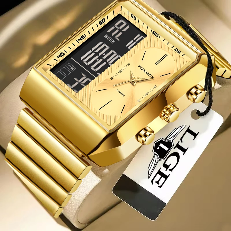 

FOXBOX LIGE Роскошные электронные мужские наручные часы, повседневные, из нержавеющей стали, водонепроницаемые, светящиеся, с двойным дисплеем, кварцевые, цифровые, с датой, мужские часы