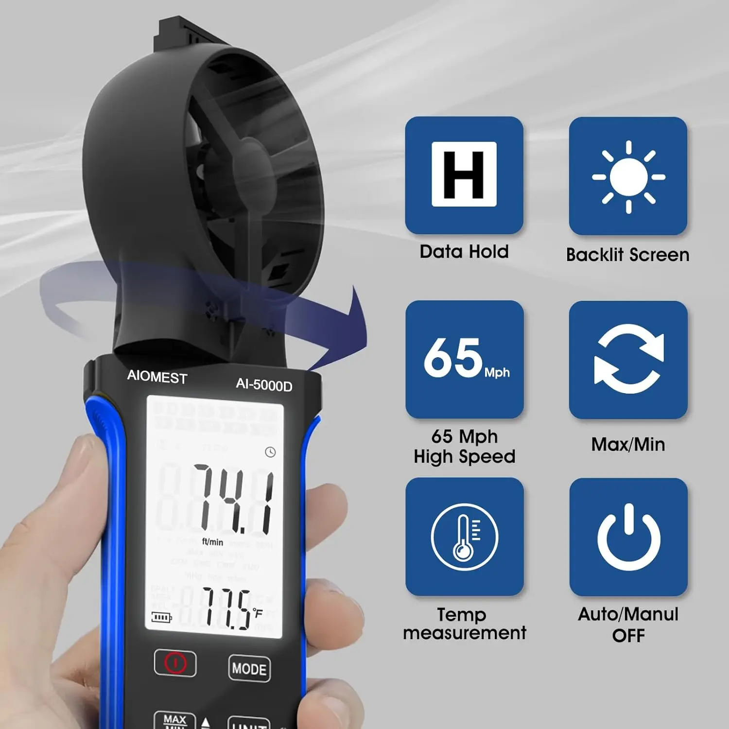 HP-5000D Handheld Wind Speed Meter, Waterproof Anemometer with Touch Buttons, CFM and Air Velocity Measuring Device for Accurate