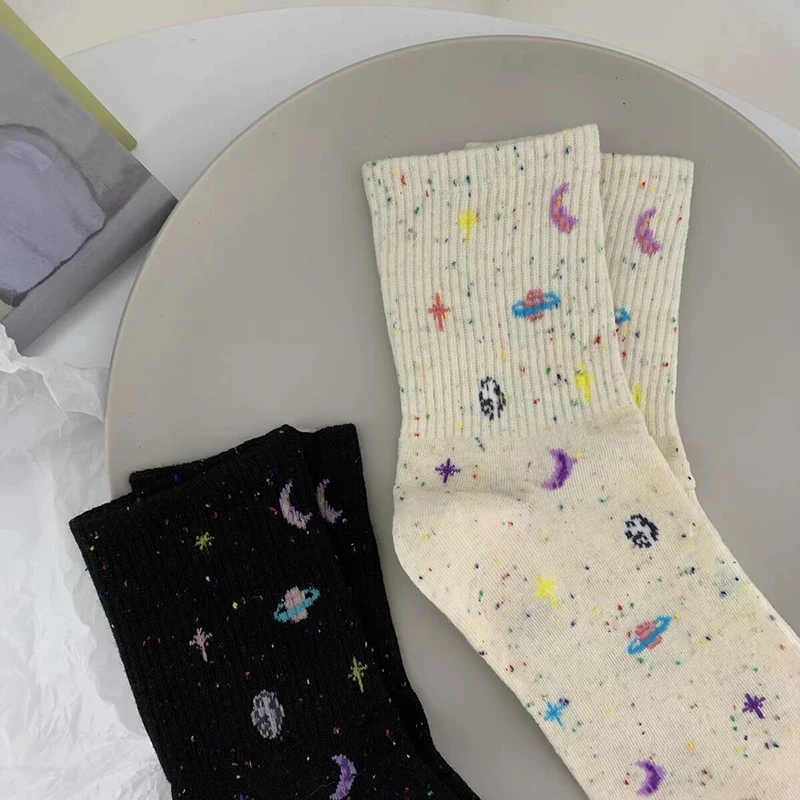 1-3pairs Lovely Moon Stars Pattern Socks Women Harajuku Creative Streetwear Black Beige Long Sock Planet Space Tube Meias